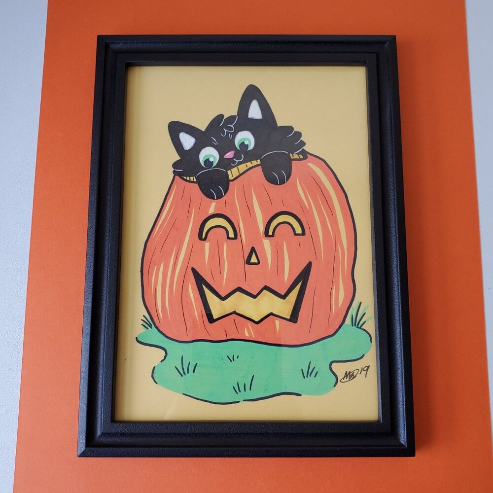 Original Cute Black Kitty in Jack-O'-Lantern Framed 5×7 Mixed Media Illustration